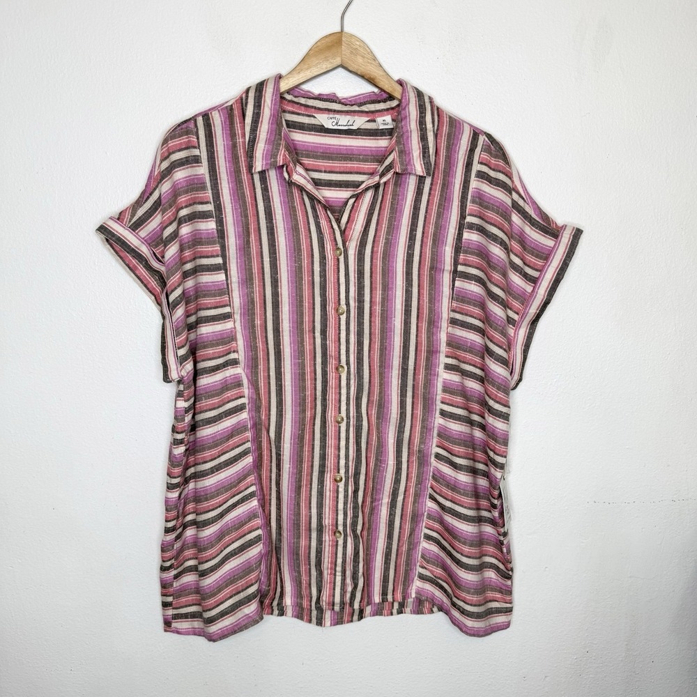 New Caffe Marrakesh Relaxed Stripe Button Down Short Sleeve Shirt Women's XL